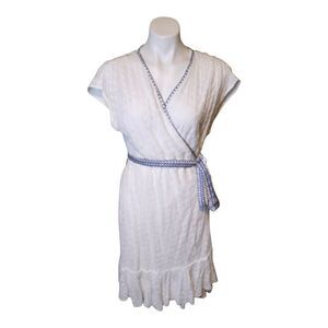 Johnny Was Jade Women's Eyelet Leafar Wrap Dress‎ White Blue Accents Size Large